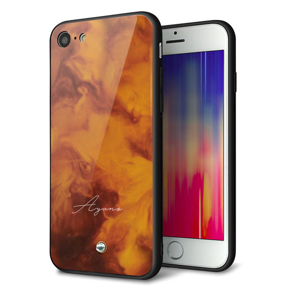 名入れ iPhone8 スマホケース 強化ガラス 背面ガラス べっ甲風 スワロフスキー