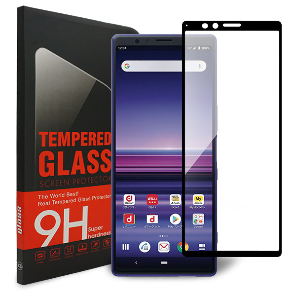 Xperia 1 SOV40 au 強化ガラス液晶保護フィルム 0.5mm 表面硬度9H 衝撃吸収 指紋防止 防水