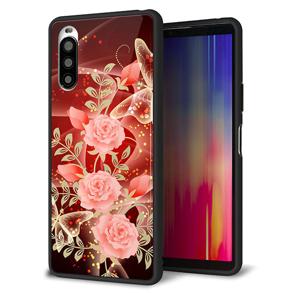 Y!mobile エクスペリア10 II A001SO 強化ガラス&TPUスマホケース ガラプリ【VA824 魅惑の蝶とピンクのバラ】