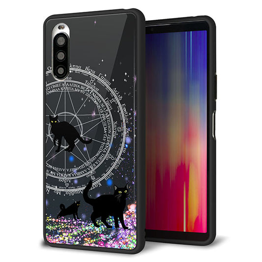Y!mobile エクスペリア10 II A001SO 強化ガラス&TPUスマホケース ガラプリ【YJ330 魔法陣猫 キラキラ 黒猫】