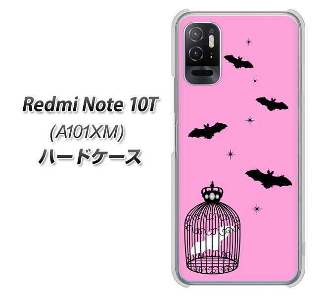 Redmi Note 10T A101XM SoftBank 高画質仕上げ 背面印刷 ハードケース【AG808 こうもりの王冠鳥かご(ピンク×黒)】
