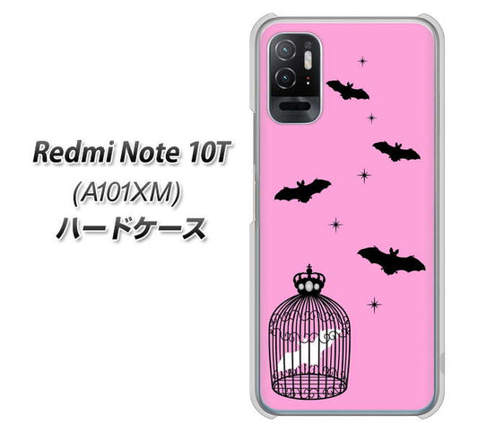 Redmi Note 10T A101XM SoftBank 高画質仕上げ 背面印刷 ハードケース【AG808 こうもりの王冠鳥かご(ピンク×黒)】