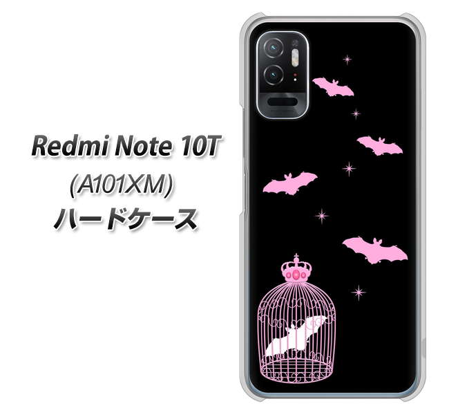 Redmi Note 10T A101XM SoftBank 高画質仕上げ 背面印刷 ハードケース【AG809 こうもりの王冠鳥かご(黒×ピンク)】