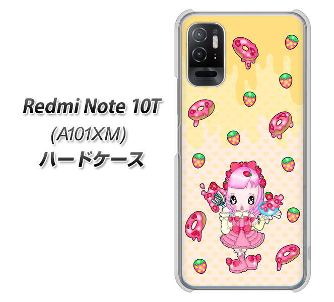 Redmi Note 10T A101XM SoftBank 高画質仕上げ 背面印刷 ハードケース【AG815 ストロベリードーナツ(水玉黄)】