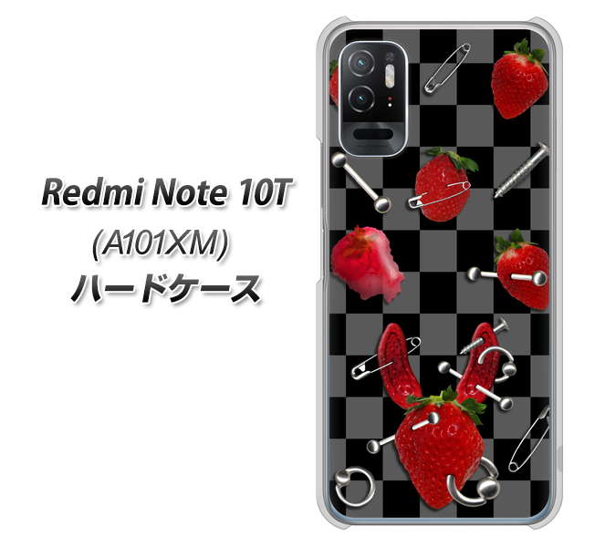Redmi Note 10T A101XM SoftBank 高画質仕上げ 背面印刷 ハードケース【AG833 苺パンク(黒)】