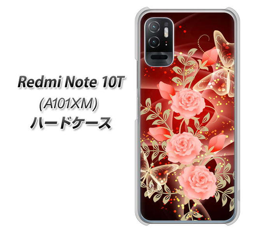 Redmi Note 10T A101XM SoftBank 高画質仕上げ 背面印刷 ハードケース【VA824 魅惑の蝶とピンクのバラ】