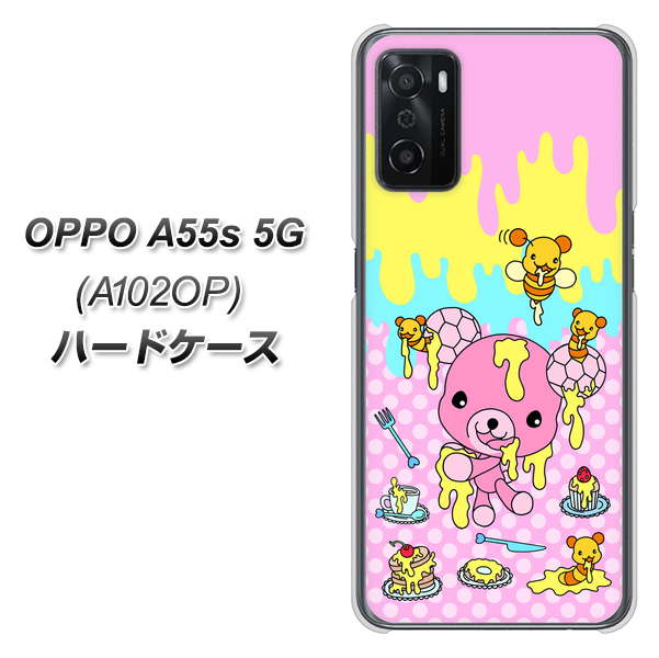 OPPO A55s 5G A102OP SoftBank 高画質仕上げ 背面印刷 ハードケース【AG822 ハニベア(水玉ピンク)】