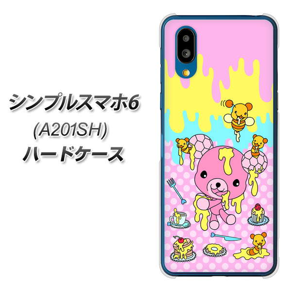 シンプルスマホ6 A201SH SoftBank 高画質仕上げ 背面印刷 ハードケース【AG822 ハニベア(水玉ピンク)】