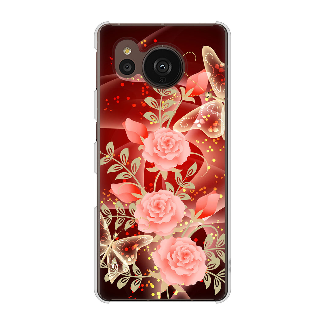 AQUOS sense7 plus A208SH SoftBank 高画質仕上げ 背面印刷 ハードケース 【VA824 魅惑の蝶とピンクのバラ】