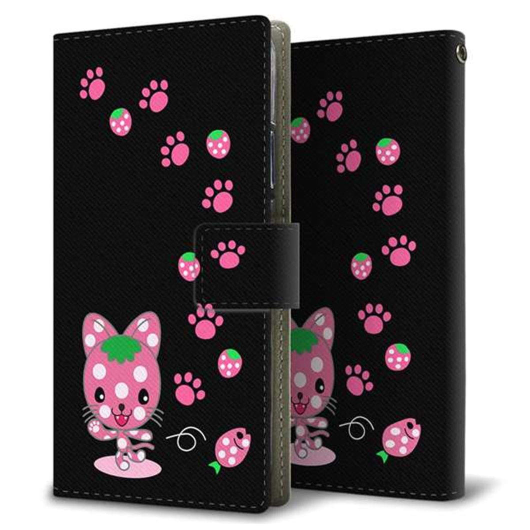 SoftBank シンプルスマホ5 A001SH 画質仕上げ プリント手帳型ケース(薄型スリム)【AG820 イチゴ猫のにゃんベリー(黒)】