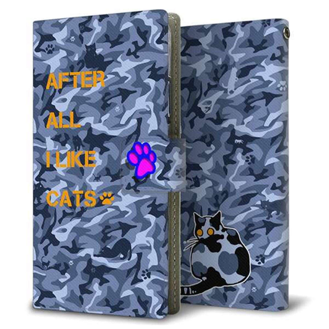 au アクオス センス3 ベーシック SHV48 画質仕上げ プリント手帳型ケース(薄型スリム)【YA892 青迷彩ネコ02 L】