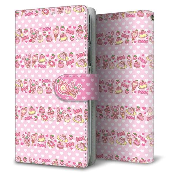 Y!mobile アンドロイドワン 507SH 高画質仕上げ プリント手帳型ケース(通常型)【AG862 イチゴウサギ(ラビベリー)のボーダースイーツ ピンク】