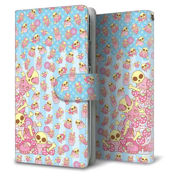 au エクスペリアXZ SOV34 高画質仕上げ プリント手帳型ケース(通常型)【AG872 骸骨うさぎとスイーツ ライトブルー】