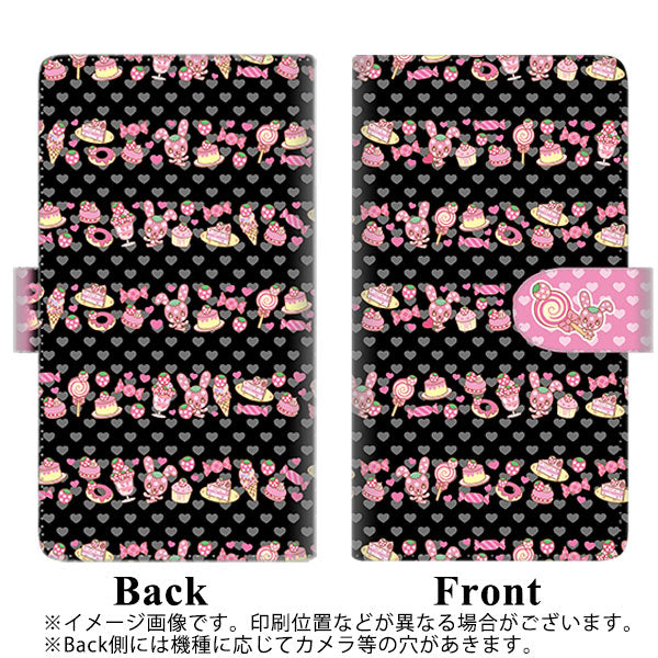 docomo らくらくスマートフォン3 F-06F 高画質仕上げ プリント手帳型ケース(通常型)【AG860 イチゴウサギ(ラビベリー)のボーダースイーツ ブラック】