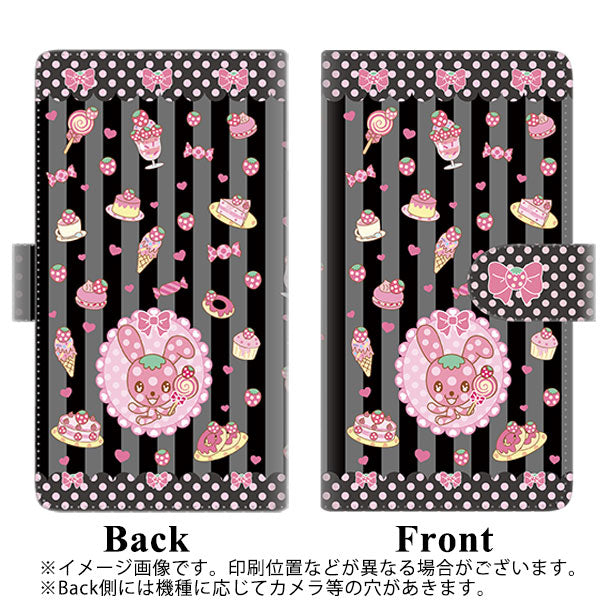 au エクスペリアZ5 SOV32 高画質仕上げ プリント手帳型ケース(通常型)【AG864 イチゴウサギ(ラビベリー)の水玉スイーツ ブラック】