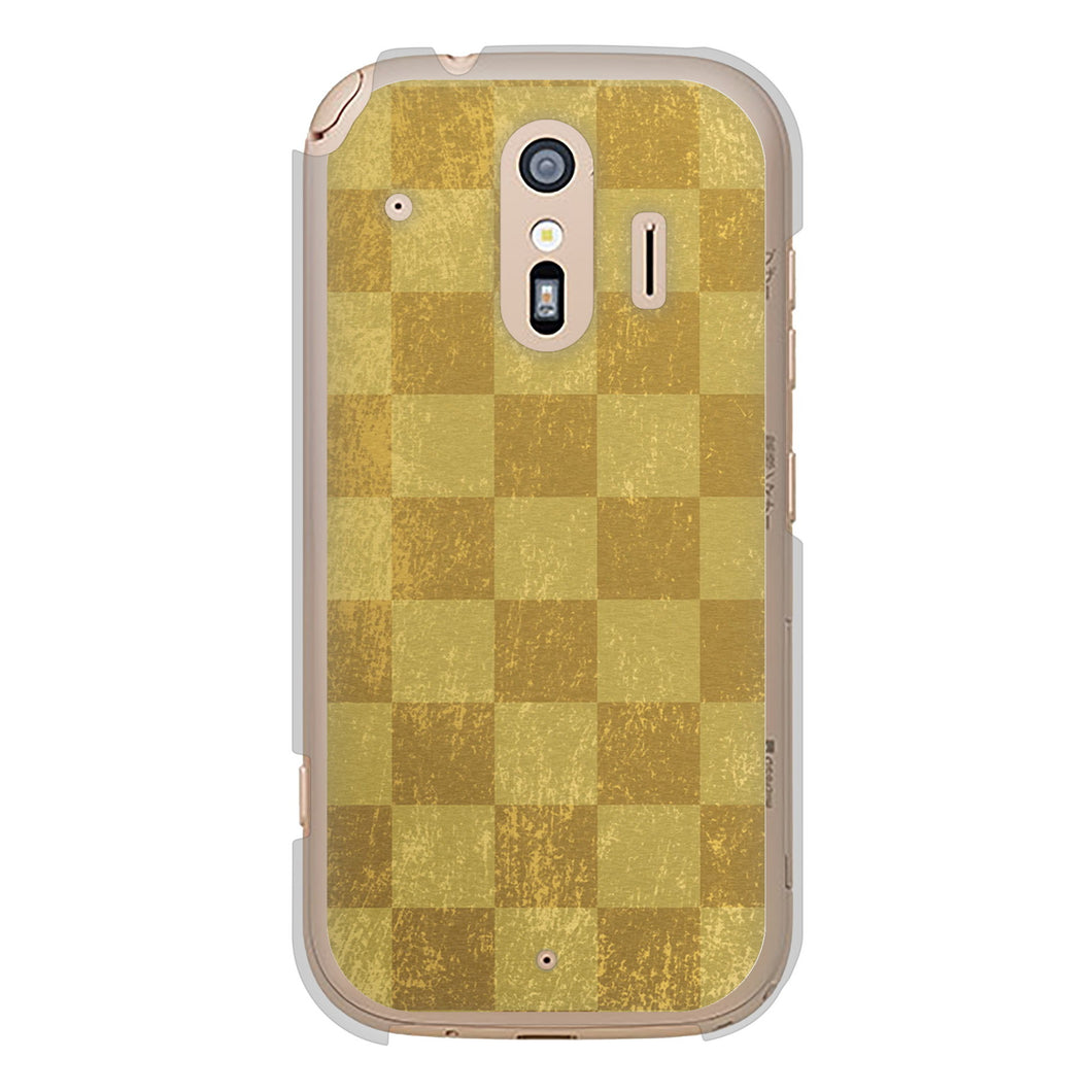 らくらくスマートフォン F-42A docomo 高画質仕上げ 背面印刷 ハードケース 【619 市松模様—金(骨董風に傷んだイメージ)】