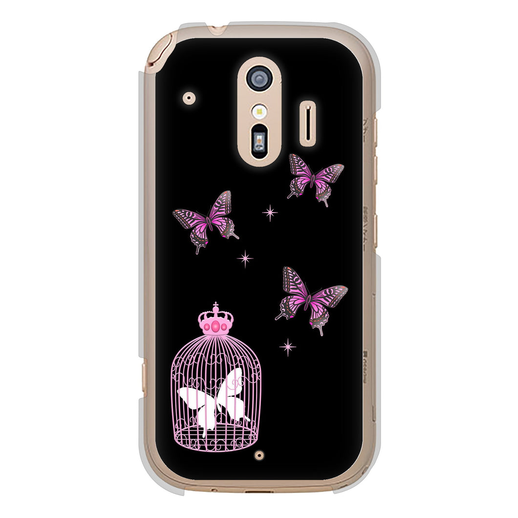 らくらくスマートフォン F-42A docomo 高画質仕上げ 背面印刷 ハードケース むかいあぐる 蝶の王冠鳥かご