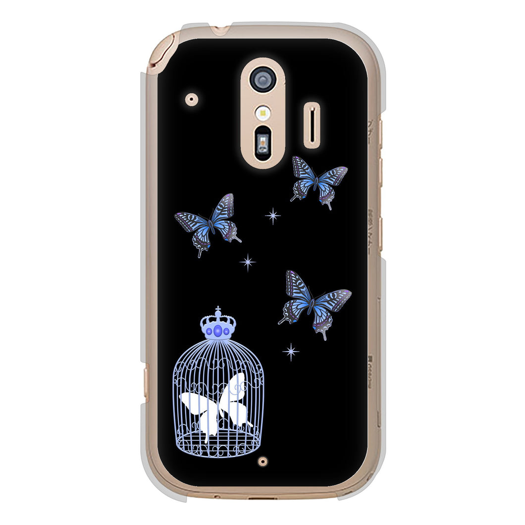 らくらくスマートフォン F-42A docomo 高画質仕上げ 背面印刷 ハードケース むかいあぐる 蝶の王冠鳥かご