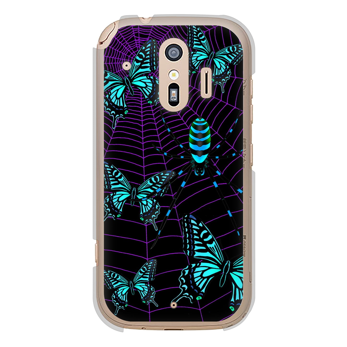 らくらくスマートフォン F-42A docomo 高画質仕上げ 背面印刷 ハードケース むかいあぐる 蜘蛛の巣に舞う蝶