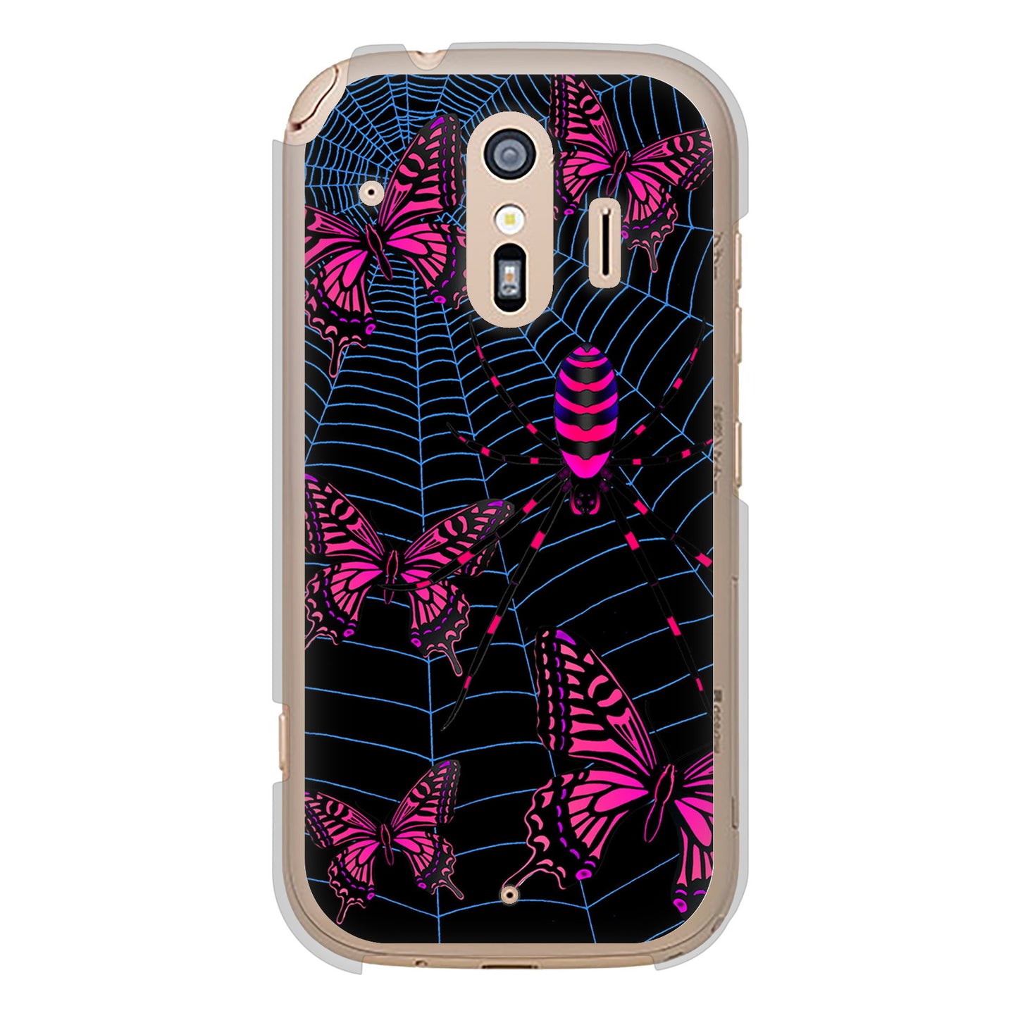 らくらくスマートフォン F-42A docomo 高画質仕上げ 背面印刷 ハードケース むかいあぐる 蜘蛛の巣に舞う蝶