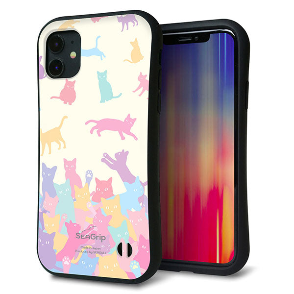 iPhone11 スマホケース 「SEA Grip」 グリップケース Sライン 【AG885 ネコ積もり マルチカラー】 UV印刷