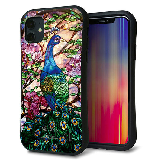 iPhone11 スマホケース 「SEA Grip」 グリップケース Sライン 【MA996 ステンドグラス クジャク】 UV印刷