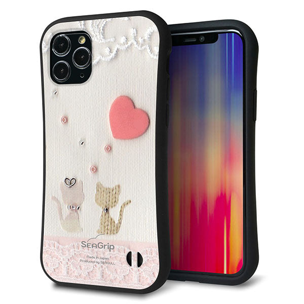 iPhone11 Pro スマホケース 「SEA Grip」 グリップケース Sライン 【1104 クラフト写真 ネコ (ハートM) 】 UV印刷