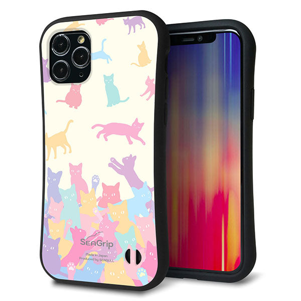 iPhone11 Pro スマホケース 「SEA Grip」 グリップケース Sライン 【AG885 ネコ積もり マルチカラー】 UV印刷
