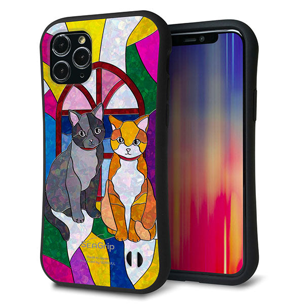 iPhone11 Pro スマホケース 「SEA Grip」 グリップケース Sライン 【MA995 ステンドグラス ネコ】 UV印刷