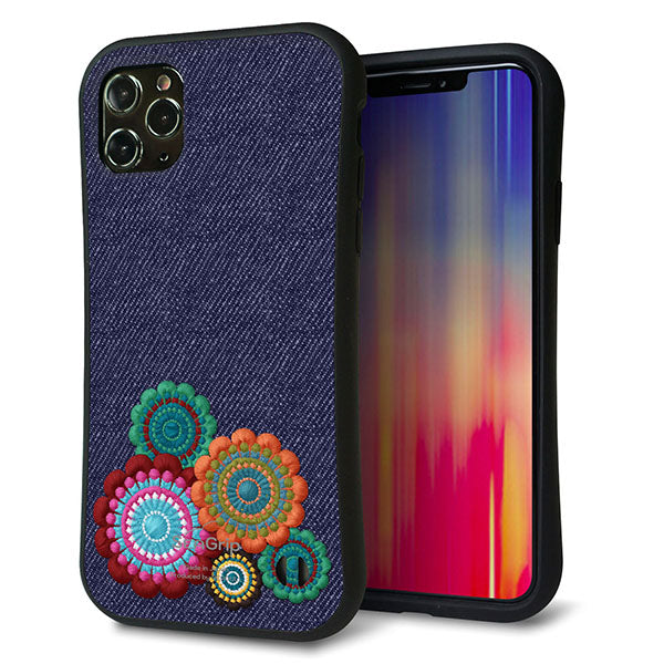 iPhone11 Pro Max スマホケース 「SEA Grip」 グリップケース Sライン 【KM934 エスニックフラワー デニム】 UV印刷