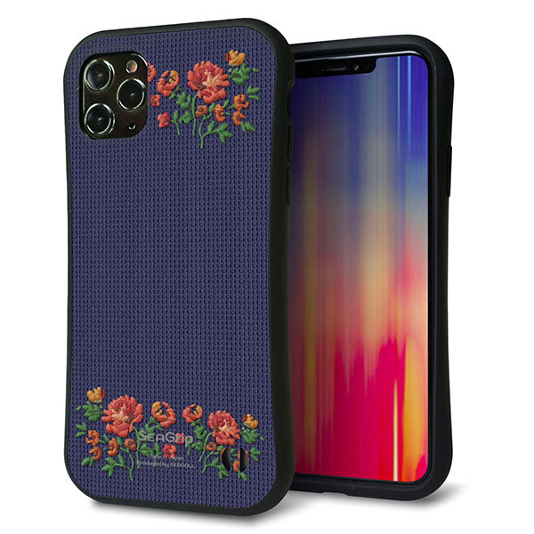 iPhone11 Pro Max スマホケース 「SEA Grip」 グリップケース Sライン 【KM943 花刺繍風 レッドフラワー ネイビー 】 UV印刷