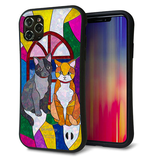 iPhone11 Pro Max スマホケース 「SEA Grip」 グリップケース Sライン 【MA995 ステンドグラス ネコ】 UV印刷