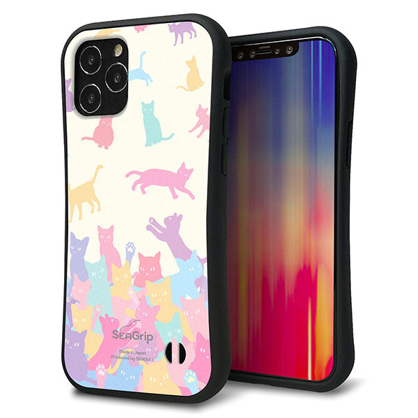 iPhone12 スマホケース 「SEA Grip」 グリップケース Sライン 【AG885 ネコ積もり マルチカラー】 UV印刷