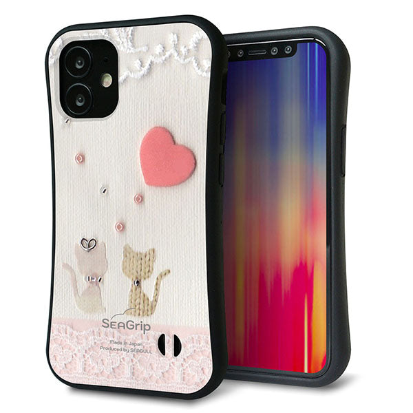 iPhone12 mini スマホケース 「SEA Grip」 グリップケース Sライン 【1104 クラフト写真 ネコ (ハートM) 】 UV印刷