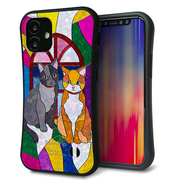 iPhone12 mini スマホケース 「SEA Grip」 グリップケース Sライン 【MA995 ステンドグラス ネコ】 UV印刷