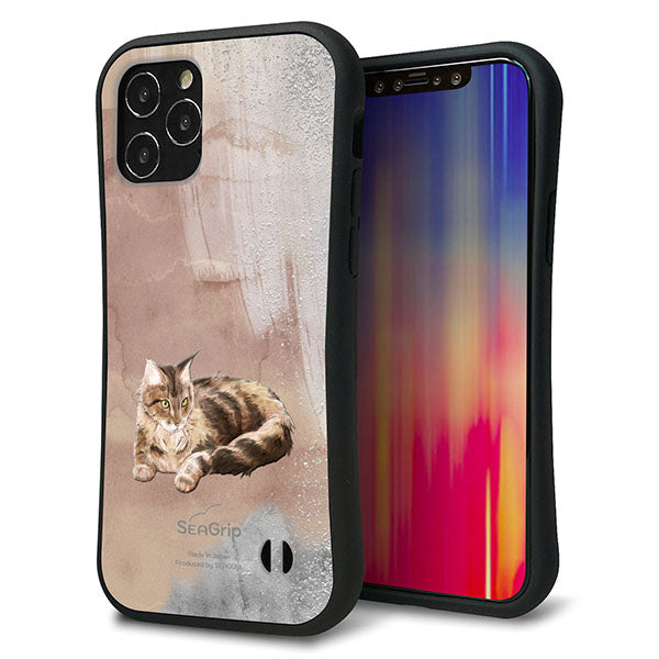 iPhone12 Pro スマホケース 「SEA Grip」 グリップケース Sライン 【HA173 メインクーン+くすみカラー】 UV印刷