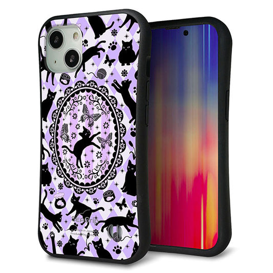 iPhone 13 スマホケース 「SEA Grip」 グリップケース Sライン 【AG879 ネコがいっぱいダイヤ柄 パープル】 UV印刷