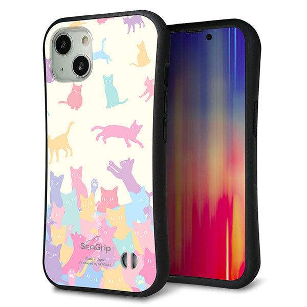 iPhone13 スマホケース 「SEA Grip」 グリップケース Sライン 【AG885 ネコ積もり マルチカラー】 UV印刷