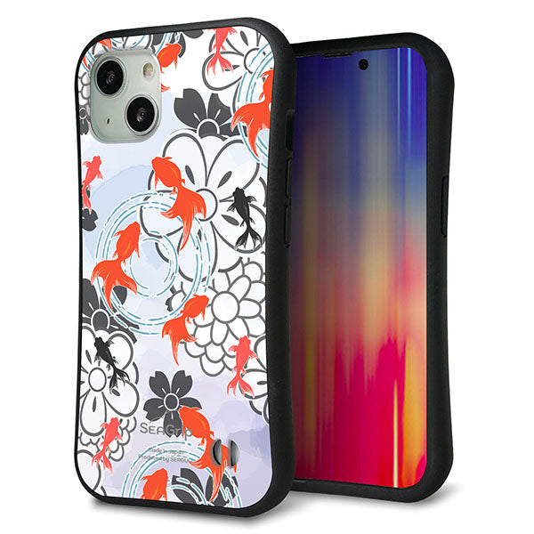 iPhone13 スマホケース 「SEA Grip」 グリップケース Sライン 【HA216 金魚 花柄 グレー 】 UV印刷