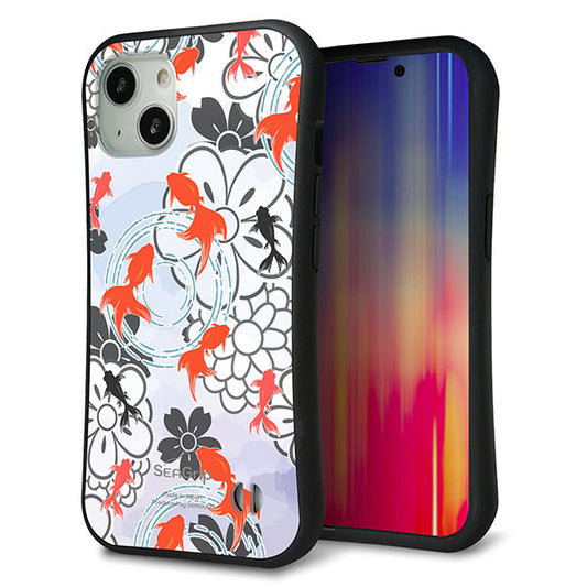 iPhone13 スマホケース 「SEA Grip」 グリップケース Sライン 【HA216 金魚 花柄 グレー 】 UV印刷