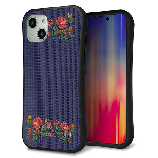 iPhone13 スマホケース 「SEA Grip」 グリップケース Sライン 【KM943 花刺繍風 レッドフラワー ネイビー 】 UV印刷