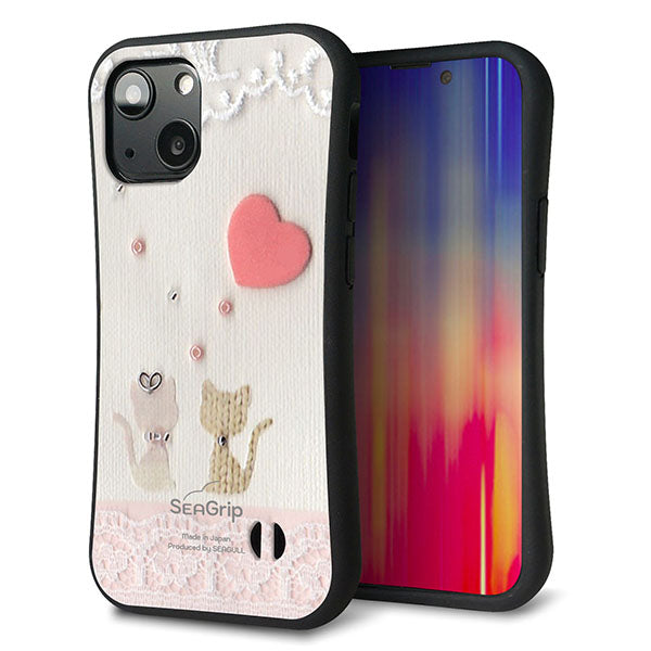 iPhone13 mini スマホケース 「SEA Grip」 グリップケース Sライン 【1104 クラフト写真 ネコ (ハートM) 】 UV印刷