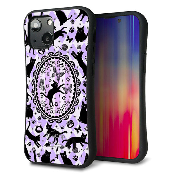 iPhone13 mini スマホケース 「SEA Grip」 グリップケース Sライン 【AG879 ネコがいっぱいダイヤ柄 パープル】 UV印刷