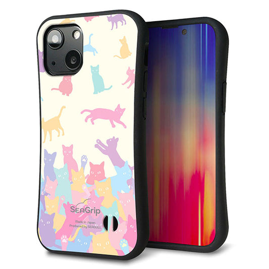 iPhone13 mini スマホケース 「SEA Grip」 グリップケース Sライン 【AG885 ネコ積もり マルチカラー】 UV印刷