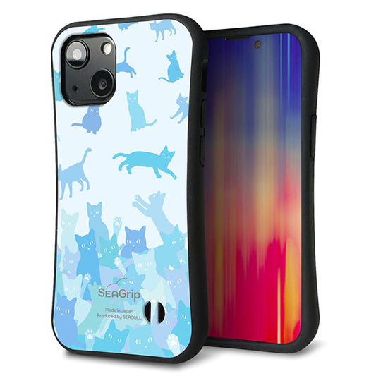 iPhone13 mini スマホケース 「SEA Grip」 グリップケース Sライン 【AG888 ネコ積もり 水色】 UV印刷