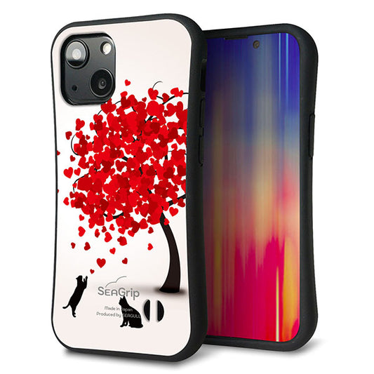 iPhone13 mini スマホケース 「SEA Grip」 グリップケース Sライン 【EK915 二匹のネコとハートの木】 UV印刷