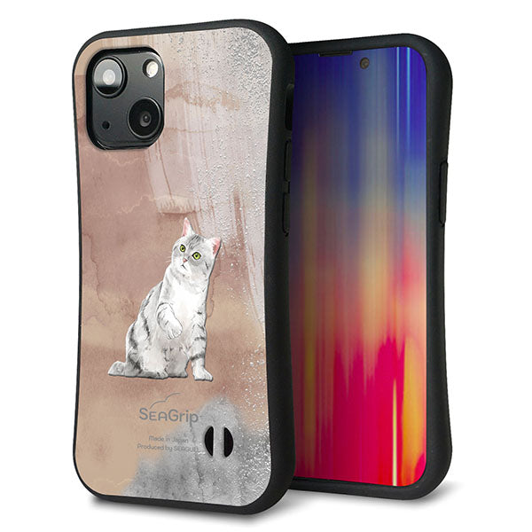 iPhone13 mini スマホケース 「SEA Grip」 グリップケース Sライン 【HA166 アメリカンショートヘア+くすみカラー】 UV印刷