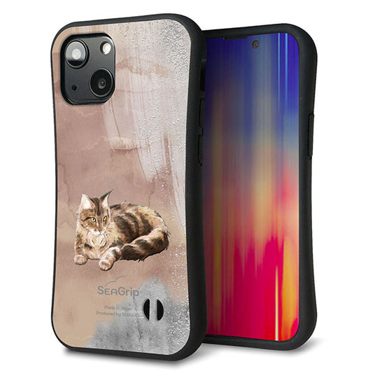 iPhone13 mini スマホケース 「SEA Grip」 グリップケース Sライン 【HA173 メインクーン+くすみカラー】 UV印刷