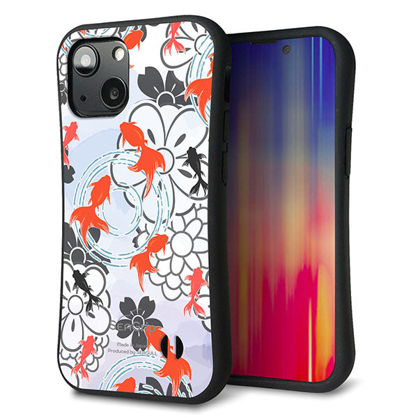 iPhone13 mini スマホケース 「SEA Grip」 グリップケース Sライン 【HA216 金魚 花柄 グレー 】 UV印刷