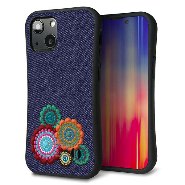 iPhone13 mini スマホケース 「SEA Grip」 グリップケース Sライン 【KM934 エスニックフラワー デニム】 UV印刷